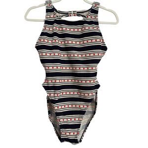 Azul Womens 8 Patriotic High Cut Open Back Ribbed Swimsuit USA Stars &‎ Stripes